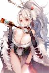  1girl :d azur_lane bare_shoulders black_choker black_dress black_gloves bottle breasts choker cleavage collarbone commentary_request cup dress drink elbow_gloves eyebrows_visible_through_hair fingerless_gloves fur-trimmed_dress fur-trimmed_sleeves fur_trim gloves hair_between_eyes hair_ornament hair_stick high_ponytail highres holding holding_bottle holding_cup long_hair long_sleeves looking_at_viewer mole mole_under_eye open_mouth pelvic_curtain pouring prinz_heinrich_(azur_lane) prinz_heinrich_(fireworks_and_tapestries)_(azur_lane) red_eyes revision shibaebi_(yasaip_game) silver_hair simple_background smile solo standing strapless strapless_dress thigh_strap thighs white_background wide_sleeves 
