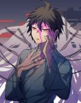  1boy ahoge alternate_costume bandaged_neck bangs blood brown_eyes brown_hair cable commentary_request danganronpa_(series) danganronpa_3_(anime) hair_between_eyes hand_on_own_cheek hand_on_own_face highres hinata_hajime hospital_gown kamukura_izuru long_sleeves male_focus open_mouth pink_blood short_hair solo spoilers tagme upper_body ziling 