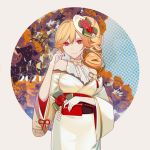  1girl 2021 absurdres azur_lane bag bare_shoulders blonde_hair center_frills drill_hair earrings flower frills gloves grey_background handbag hat hat_flower highres holding holding_bag huangmao japanese_clothes jewelry kimono long_hair mini_hat off-shoulder_kimono official_alternate_costume purple_eyes red_flower red_rose richelieu_(azur_lane) richelieu_(evergreen_prophecy)_(azur_lane) rose side_drill single_drill solo tilted_headwear white_gloves white_headwear white_kimono wide_sleeves 