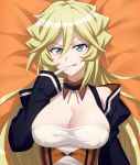  1girl :d bat blonde_hair blue_eyes breasts carol_malus_dienheim cleavage eyeshadow halloween highres large_breasts long_hair looking_at_viewer lying makeup miona_yui mole mole_under_eye older on_back open_mouth senki_zesshou_symphogear shiny shiny_hair shiny_skin smile solo tongue tongue_out upper_body very_long_hair 