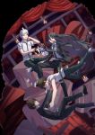  4boys absurdres ahoge belt black_belt black_footwear black_hair black_jacket black_neckwear broken brown_eyes brown_hair brown_pants commentary_request crossed_legs crown crown_removed curtains danganronpa_(series) danganronpa_2:_goodbye_despair danganronpa_3_(anime) dual_persona falling floating_hair green_neckwear green_pants hand_on_own_neck hands_up highres hinata_hajime hinata_hajime_(awakened) jacket kamukura_izuru long_hair long_sleeves looking_at_another looking_at_viewer loose_necktie male_focus mini_crown multiple_boys necktie pants red_eyes scalpel shirt shoes short_hair short_sleeves sitting spoilers table very_long_hair white_footwear ziling 