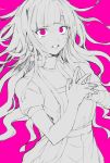  1girl apron bandages bangs commentary_request crying crying_with_eyes_open danganronpa_(series) danganronpa_2:_goodbye_despair floating_hair highres limited_palette long_hair looking_at_viewer messy_hair monochrome nurse own_hands_together pink_background pink_eyes puffy_short_sleeves puffy_sleeves shaded_face short_sleeves simple_background solo suzumetarou tears teeth tsumiki_mikan 