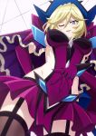  1girl black_legwear blonde_hair blue_eyes breasts carol_malus_dienheim elbow_gloves garter_straps gloves hand_on_own_stomach highres large_breasts looking_at_viewer looking_down miona_yui mole mole_under_eye older one_eye_closed open_mouth purple_gloves senki_zesshou_symphogear shiny shiny_hair shiny_skin short_hair side_cutout sideless_outfit skirt smile solo standing thighhighs 
