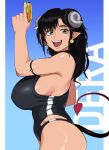 absurd_res big_breasts big_butt breasts butt clothing demon female hi_res horn horned_humanoid humanoid humanoid_pointy_ears kevbot looking_at_viewer looking_back not_furry one-piece_swimsuit solo spade_tail swimwear thick_thighs wide_hips 