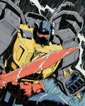  1980s_(style) 1boy autobot casey_w._coller clenched_hand english_commentary grimlock holding holding_sword holding_weapon insignia looking_at_viewer mecha no_humans retro_artstyle solo sword transformers visor weapon 