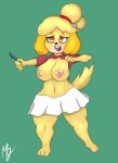  3_toes 4_fingers absurd_res accessory animal_crossing anthro bell big_breasts bottomwear breasts buckteeth canid canine canis clothing domestic_dog exposed_breasts female fingers frostyphox fur hair_accessory hair_tie hi_res highlights_(coloring) isabelle_(animal_crossing) mammal nintendo open_mouth orange_eyes pen pencil_(object) red_clothing red_shirt red_topwear shaded shih_tzu shirt simple_background simple_shading skirt solo teeth toes topwear toy_dog video_games yellow_body yellow_fur 