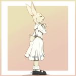  2021 absurd_res anthro beastars border clothed clothing eyes_closed female fully_clothed fur gradient_background haru_(beastars) hi_res lagomorph leporid louart mammal rabbit signature simple_background smile solo tan_body tan_fur 