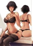  1girl ale_(ale_halexxx) ass bangs bare_arms bare_back black_bra black_hair black_legwear black_panties blue_eyes blush bra breasts cleavage collarbone devil_may_cry devil_may_cry_3 dimples_of_venus graphite_(medium) hand_on_own_chest heterochromia indoors lace-trimmed_bra lace-trimmed_legwear lace_trim lady_(devil_may_cry) large_breasts looking_at_viewer multiple_straps multiple_views nail_polish navel o-ring panties red_eyes reflection revision scar scar_on_face scar_on_nose short_hair sitting sleeveless smile thighhighs thong traditional_media underwear underwear_only 