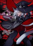  122pxsheol 1girl :d absurdres animal_ears arknights ass black_gloves book boots chain fang gloves hat haze_(arknights) highres looking_at_viewer open_mouth orange_eyes red_legwear silver_hair slit_pupils smile solo tail teeth thigh_boots thighhighs witch_hat 