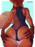  2020 5_fingers anthro breasts brown_hair butt butt_shot canid canine close-up clothed clothing digital_media_(artwork) female fingers fox fur hair hi_res holding_butt mammal monian orange_body orange_fur rear_view simple_background solo standing thigh_gap 