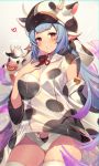  1girl animal_ears animal_print bangs bare_shoulders bikini blue_hair blush breasts chromatic_aberration cleavage cow cow_ears cow_girl cow_hat cow_horns cow_print detached_collar detached_sleeves draph ear_piercing granblue_fantasy grin highres homaderi horns large_breasts long_hair looking_at_viewer navel piercing pointy_ears purple_eyes shatola_(granblue_fantasy) sheer_clothes short_shorts shorts smile swimsuit thighhighs thighs white_bikini white_legwear white_shorts wide_sleeves 