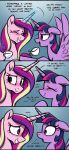  2021 absurd_res dialogue duo english_text equid eye_contact eyelashes female feral friendship_is_magic grin hasbro hi_res horn looking_at_another mammal my_little_pony open_mouth princess_cadance_(mlp) purple_eyes selenophile simple_background smile text winged_unicorn wings 