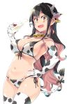  1girl alternate_costume animal_ears animal_print bangs bare_shoulders bell bikini black_hair blush breasts cleavage collar collarbone commentary_request cow_ears cow_print cowboy_shot ear_tag elbow_gloves fang gloves highres horns imu_sanjo kantai_collection large_breasts long_hair looking_at_viewer multicolored_hair naganami_(kantai_collection) navel open_mouth pink_hair solo standing swimsuit tail thighhighs two-tone_hair very_long_hair white_background yellow_eyes 