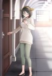  1girl absurdres alternate_costume black_footwear black_hair blue_eyes commentary_request door glasses green-framed_eyewear green_pants hairband hand_on_own_chest highres indoors kantai_collection kirishima_(kantai_collection) long_sleeves looking_at_viewer open_mouth pants ribbed_sweater semi-rimless_eyewear shoes short_hair solo sweater turtleneck turtleneck_sweater under-rim_eyewear white_sweater yunamaro 