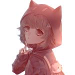  1girl :o animal_ears animal_hood bangs cat_bag cat_ears cat_hood danganronpa_(series) danganronpa_2:_goodbye_despair fake_animal_ears from_side grey_background hair_ornament hand_up hood hood_up hooded_jacket hoodie index_finger_raised jacket long_sleeves looking_at_viewer looking_to_the_side nanami_chiaki open_mouth outdoors pink_eyes short_hair simple_background sleeves_past_wrists solo upper_body yuumi_illust 