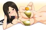  1girl bikini bikini_top black_hair blush bottomless breasts brown_eyes closed_mouth collarbone food fruit green_bikini idolmaster idolmaster_cinderella_girls inou_hiroaki large_breasts long_hair looking_at_viewer lying mandarin_orange mukai_takumi navel nose_blush on_side oppai_mochi solo swimsuit wavy_mouth 