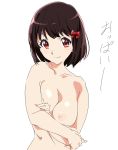  1girl blush bow breasts brown_eyes brown_hair closed_mouth collarbone hair_bow hibike!_euphonium highres hisaishi_kanade looking_at_viewer medium_breasts nipples nude red_bow short_hair simple_background smile solo umanosuke upper_body white_background 
