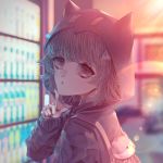  1girl :o animal_ears animal_hood backpack bag bangs blurry blurry_background cat_bag cat_ears cat_hood commentary_request danganronpa_(series) danganronpa_2:_goodbye_despair depth_of_field fake_animal_ears from_side hair_ornament hand_up hood hood_up hooded_jacket hoodie index_finger_raised jacket long_sleeves looking_at_viewer looking_to_the_side nanami_chiaki open_mouth outdoors pink_eyes short_hair sleeves_past_wrists solo upper_body yuumi_illust 