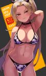  1girl 2021 animal_print armpits bell bell_collar bikini black_collar blonde_hair breasts collar commentary_request cow_horns cow_print hairband happy_new_year highres horns idolmaster idolmaster_cinderella_girls kiichirou large_breasts long_hair looking_at_viewer matsunaga_ryou navel new_year ponytail purple_eyes smile solo sweatdrop swimsuit thighs white_hairband 