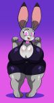  2020 absurd_res anthro barefoot big_breasts blush bottomwear breasts clothing collar disney female grey_body hair hi_res huge_breasts judy_hopps lagomorph leporid looking_at_viewer mammal open_mouth prinnydood purple_background rabbit short_stack shorts simple_background smile solo spiral_eyes standing zootopia 