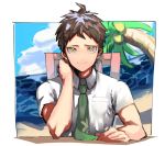  1boy bangs beach border breast_pocket brown_eyes brown_hair chair collared_shirt commentary_request green_neckwear hand_on_neck hinata_hajime male_focus necktie outdoors palm_tree pocket shirt short_hair short_sleeves sitting sketch solo suzumetarou table tree white_border white_shirt wooden_chair 