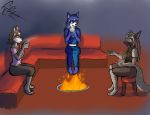  2020 anthro beverage bloodline bloodline_(webcomic) blue_body blue_fur brown_hair candy canid canine canis chocolate clothed clothing cup dekaisen dessert ember_(bloodline) female fire food fox fur green_eyes grey_body group hair hi_res holding_object hot_chocolate hyaenid mammal sil_(bloodline) sitting smile striped_hyena vivian_(bloodline) wolf 