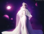  2021 anthro avian clothing crown demon dress feathers female marbola planet red_sclera solo space standing stella_(vivzmind) tiara white_body white_feathers 