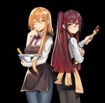  2girls apron chocolate cooking cream eyebrows_visible_through_hair food food_on_face girls_frontline green_eyes m1903_springfield_(girls_frontline) multiple_girls one_eye_closed orange_hair purple_hair red_eyes wa2000_(girls_frontline) xzzcz01 