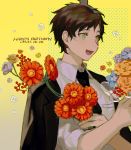  1boy :d bangs black_jacket black_neckwear blue_flower blush bouquet brown_eyes brown_hair carce_0 collared_shirt commentary_request danganronpa_(series) danganronpa_3_(anime) dated floral_print flower gradient gradient_background happy_birthday highres hinata_hajime holding holding_flower jacket jacket_on_shoulders male_focus necktie official_alternate_costume open_mouth orange_flower polka_dot polka_dot_background red_flower shirt short_hair smile solo upper_body white_shirt yellow_background 