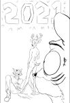  2021 anthro anthro_on_anthro antlers beastars big_eyes bill_(beastars) black_and_white bottomwear butt canid canine canis caught cervid clothed clothing dot_eyes dress_shirt felid ffog foot_on_crotch footwear group hat headgear headwear hi_res holidays horn humor legoshi_(beastars) looking_back louis_(beastars) male male/male mammal monochrome new_year nude number pantherine pants party_hat scar shirt shoes sitting standing surprise tiger topwear wide_eyed wolf 