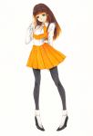  1girl ascot bangs black_hairband blunt_bangs brown_hair collared_shirt est_(five_star_stories) five_star_stories green_eyes hairband leaning_back leggings long_hair marker_(medium) narakenmin orange_skirt shirt skirt smile solo standing traditional_media white_neckwear 