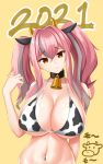 1girl 2021 absurdres animal_ears animal_print azur_lane bangs bare_shoulders bell bell_choker bikini black_choker breasts bremerton_(azur_lane) chinese_zodiac choker cleavage collarbone commentary_request cow cow_ears cow_horns cow_print eyebrows_visible_through_hair fake_animal_ears fake_horns groin hair_between_eyes hair_intakes hand_up head_tilt highres horns large_breasts light_smile long_hair looking_at_viewer memai_(mathpersimmon) midriff multicolored_hair navel navel_piercing no_mole piercing pink_eyes pink_hair sidelocks simple_background solo standing streaked_hair swimsuit twintails underboob upper_body white_bikini year_of_the_ox yellow_background 