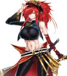  1girl absurdres belt breasts casul cosplay fate/grand_order fate_(series) hair_over_one_eye hat highres huge_filesize katana large_breasts long_hair midriff navel oda_kippoushi_(fate) oda_kippoushi_(fate)_(cosplay) oda_nobunaga_(fate)_(all) oda_nobunaga_(maou_avenger)_(fate) pants red_eyes red_hair single_sleeve smile sword weapon white_background 
