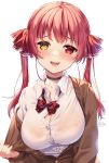  1girl alternate_costume bangs blazer blush breasts heterochromia highres hololive houshou_marine jacket large_breasts long_hair looking_at_viewer red_eyes red_hair ribbon rosuuri school_uniform smile solo twintails virtual_youtuber yellow_eyes 