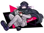  1boy bangs black_background black_cape black_footwear black_hair black_headwear cape checkered checkered_scarf commentary danganronpa_(series) danganronpa_v3:_killing_harmony english_commentary full_body grey_pants hair_between_eyes hat holding jacket knees_up ktokei_(kurokku-tokei) long_hair long_sleeves looking_at_viewer male_focus monokuma official_style ouma_kokichi pants peaked_cap pink_background purple_eyes purple_hair scarf shoes short_hair smile solo straitjacket white_background 