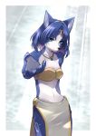  1girl :3 animal_ear_fluff animal_ears animal_nose aqua_eyes arm_up bandeau bangs bare_shoulders blue_background blue_fur blue_hair body_fur border breasts circlet claws cleavage closed_mouth collarbone commentary_request cowboy_shot crystal emerald_(gemstone) eyebrows_visible_through_hair fox_ears fox_girl furry gem gold hairband happy highres jewelry jpeg_artifacts krystal leg_tattoo light_rays loincloth looking_at_viewer namagaki_yukina navel necklace nintendo outside_border reaching_out ruby_(gemstone) shiny shiny_hair short_hair simple_background small_breasts smile snout solo standing star_fox stomach tattoo tribal two-tone_fur white_border white_fur yellow_hairband 
