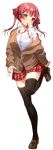  1girl alternate_costume artist_name bangs black_legwear blazer blush breasts brown_footwear cardigan full_body hair_ribbon heterochromia highres hololive houshou_marine jacket long_hair long_sleeves looking_at_viewer medium_breasts mouth_hold plaid plaid_skirt red_eyes red_hair red_neckwear red_ribbon red_skirt ribbon rosuuri school_uniform shirt shoes simple_background skirt solo thighhighs twintails virtual_youtuber white_background white_shirt yellow_eyes zettai_ryouiki 