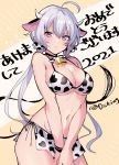  1girl ahoge animal_ears animal_print bell bikini blush breasts closed_mouth cow_ears cow_horns cow_print eyebrows_visible_through_hair fujisaki_(hjsk) hair_ornament hair_scrunchie highres horns large_breasts long_hair looking_at_viewer low_twintails navel purple_eyes scrunchie senki_zesshou_symphogear side-tie_bikini silver_hair sketch solo swimsuit symbol_commentary translation_request twintails twitter_username yukine_chris 