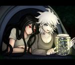  2boys black_hair bottle collarbone commentary danganronpa_(series) danganronpa_2:_goodbye_despair english_commentary fireflies grey_shirt hand_up kamukura_izuru komaeda_nagito ktokei_(kurokku-tokei) leaning_on_person long_hair male_focus messy_hair multiple_boys official_style on_shoulder open_mouth pale_skin pointing red_eyes shirt short_sleeves smile t-shirt tent upper_body upper_teeth very_long_hair white_hair yaoi 