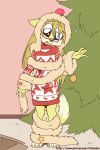  anthro black_nose blonde_hair blue_eyes canid christmas christmas_clothing christmas_sweater christmas_topwear christmas_tree clothed clothing eyewear female fuf fur glasses hair hi_res holidays mammal open_mouth plant solo sweater topwear tree yellow_body yellow_fur young 