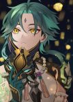 1boy ahoge aqua_hair arm_tattoo armor bead_necklace beads blurry blurry_background facial_mark forehead_mark genshin_impact gloves gradient_hair green_gloves green_hair gyoju_(only_arme_nim) highres holding holding_mask jewelry lantern male_focus mask multicolored_hair necklace paper_lantern parted_lips shoulder_armor sky_lantern solo spikes tattoo upper_body xiao_(genshin_impact) yellow_eyes 