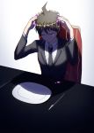  1boy absurdres ahoge arms_up bangs black_jacket black_neckwear blood brown_hair chair closed_eyes closed_mouth collared_shirt commentary_request crown danganronpa_(series) danganronpa_3_(anime) highres hinata_hajime jacket knife long_sleeves male_focus necktie official_alternate_costume pink_blood plate shirt short_hair simple_background sitting solo upper_body white_background white_shirt ziling 