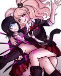  2girls arm_around_neck arm_up bangs bear_hair_ornament black_choker black_footwear black_hair black_neckwear blood blood_from_mouth blue_eyes boots bow breasts choker cleavage collarbone crazy_eyes cross-laced_footwear danganronpa:_trigger_happy_havoc danganronpa_(series) enoshima_junko freckles gradient gradient_background grey_background grin hair_ornament hand_on_another&#039;s_hip holding ikusaba_mukuro impaled knee_boots ktokei_(kurokku-tokei) lace-up_boots large_breasts long_hair multiple_girls nail_polish necktie official_style pink_blood pink_hair plaid plaid_skirt red_bow red_nails red_skirt school_uniform shaded_face short_hair siblings sisters skirt sleeves_rolled_up smile spoilers twintails upper_teeth white_background white_neckwear 