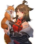  1girl absurdres animal animal_ears arknights bandaid bandaid_on_arm bangs bare_shoulders black_jacket breasts brown_hair chest_harness closed_eyes cutter_(arknights) fox hair_ornament harness highres holding holding_animal jacket jewelry medium_breasts medium_hair necklace off_shoulder open_clothes open_mouth red_eyes red_shirt shirt signature simple_background sleeveless sleeveless_shirt tied_hair topknot upper_body white_background wingure x_hair_ornament 