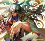  1boy ashiya_douman_(fate) asymmetrical_clothes asymmetrical_hair bell black_eyes black_hair blurry blurry_background blurry_foreground curly_hair earrings fate/grand_order fate_(series) fingernails floating floating_hair floating_object green_eyeshadow green_kimono green_lipstick green_nails hair_bell hair_between_eyes hair_intakes hair_ornament hand_gesture highres hotaruika_niji japanese_clothes jewelry kimono lipstick long_hair looking_at_viewer magatama magatama_earrings makeup male_focus multicolored_hair open_clothes open_kimono ribbed_sleeves sharp_fingernails shikigami smile solo toned toned_male two-tone_hair upper_body very_long_fingernails very_long_hair white_hair 