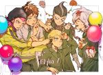  5boys ^^^ ahoge animal_on_head balloon bandaged_hand black_headwear blonde_hair blush blush_stickers border box braid breast_pocket brown_eyes brown_jacket brown_pants chair closed_eyes collared_shirt commentary_request cowboy_shot danganronpa_(series) danganronpa_2:_goodbye_despair earrings facing_another freckles gift gift_box green_neckwear grey_hair grey_shirt hair_between_eyes hamster hand_up hinata_hajime holding holding_box jacket jewelry jumpsuit komaeda_nagito kuzuryuu_fuyuhiko long_sleeves looking_at_another male_focus medium_hair messy_hair multicolored_hair multiple_boys necktie on_head open_mouth pants pink_hair pocket pointing ring scar scar_across_eye scarf sharp_teeth shirt short_hair sitting smile souda_kazuichi suzumetarou sweat tanaka_gandamu teeth translation_request two-tone_hair upper_teeth white_border 