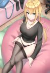  1girl black_legwear black_panties blonde_hair breasts cleavage collarbone commentary_request eyebrows_visible_through_hair green_eyes long_hair long_sleeves looking_at_viewer original panties pantyhose pantyhose_pull sitting solo thighs underwear undressing wasami_(a27678193a) 