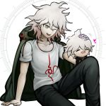  2boys :d ;d arm_support bangs black_jacket black_pants chibi closed_eyes coat collarbone commentary danganronpa_(series) danganronpa_2:_goodbye_despair danganronpa_another_episode:_ultra_despair_girls dual_persona feet_out_of_frame green_coat grey_hair grey_shirt hair_between_eyes hand_on_another&#039;s_head highres jacket komaeda_nagito ktokei_(kurokku-tokei) male_focus medium_hair messy_hair multiple_boys one_eye_closed open_mouth pants print_shirt shirt short_sleeves sitting sitting_on_lap sitting_on_person smile t-shirt upper_teeth white_hair 