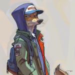  2021 abstract_background anthro backpack baseball_cap biped blue_eyes brown_body brown_fur canid canine canis clothed clothing coyote english_text fur half-closed_eyes hands_in_pockets hat headgear headwear hi_res hoodie jacket looking_at_viewer male mammal moses_(samur_shalem) narrowed_eyes neck_tuft open_clothing open_jacket open_topwear patch_(fabric) pockets samur_shalem signature solo standing text topwear tuft whiskers white_body white_fur 