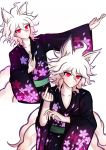  1boy ahoge animal_ears bangs closed_mouth collarbone commentary cowboy_shot cropped_torso danganronpa_(series) danganronpa_2:_goodbye_despair eyebrows_visible_through_hair floral_print fox_ears fox_tail hands_up index_finger_raised japanese_clothes kimono komaeda_nagito ktokei_(kurokku-tokei) long_sleeves looking_at_viewer male_focus medium_hair messy_hair multiple_views obi official_style outstretched_arm purple_kimono red_eyes sash simple_background smile tail upper_body white_background white_hair wide_sleeves 